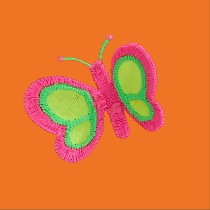 A 3D doodled pink and green butterfly on an orange background
