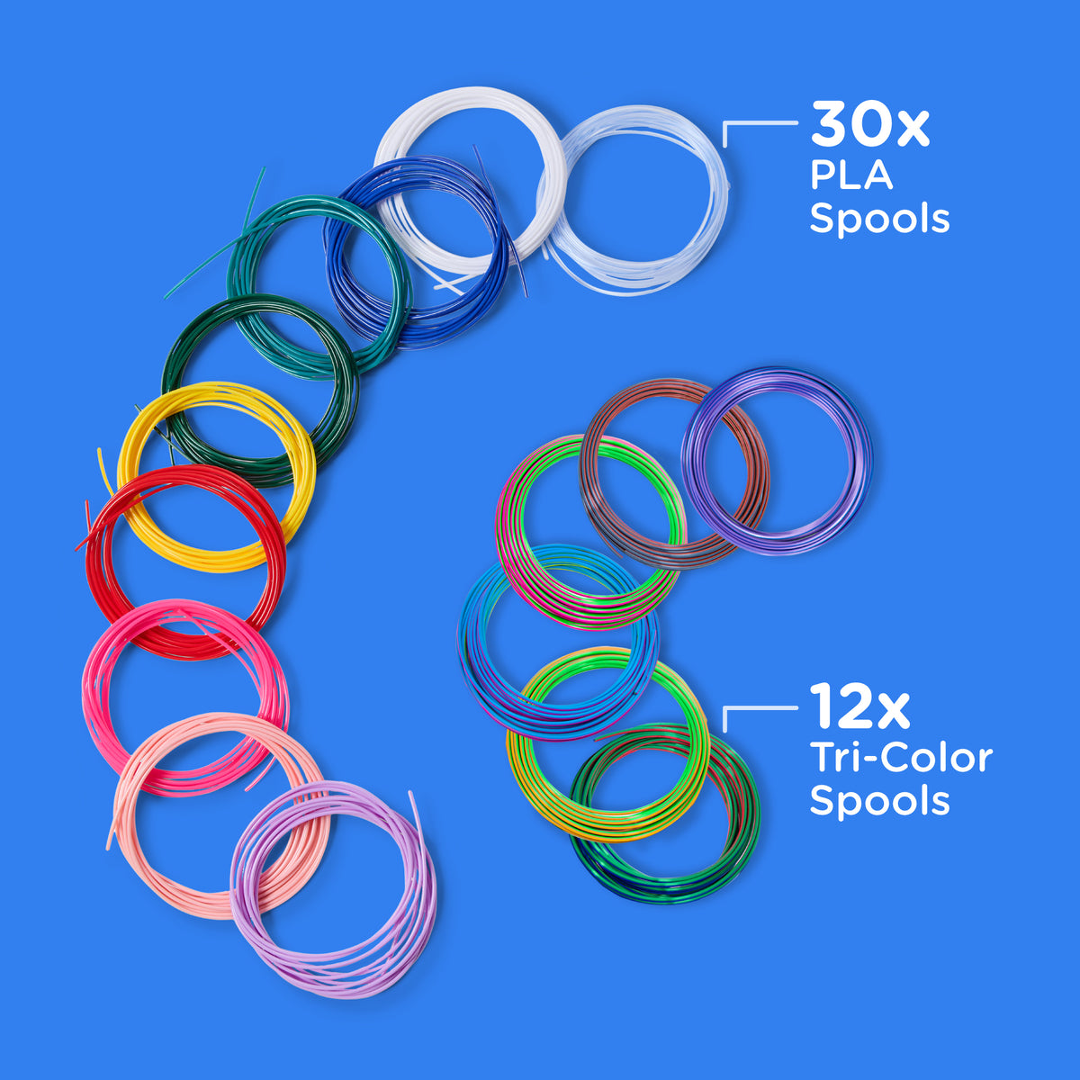 Two sets of filament spools arranged on a bright blue background: a curved row of single-color spools labeled '30x PLA Spools' and a cluster of tri-color spools labeled '12x Tri-Color Spools'.