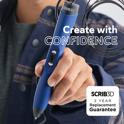 A person holds a blue 3D printing pen with a coiled black filament cord. The image includes the text 'Create with CONFIDENCE' and a badge reading 'SCRIB3D 2 YEAR Replacement Guarantee'.