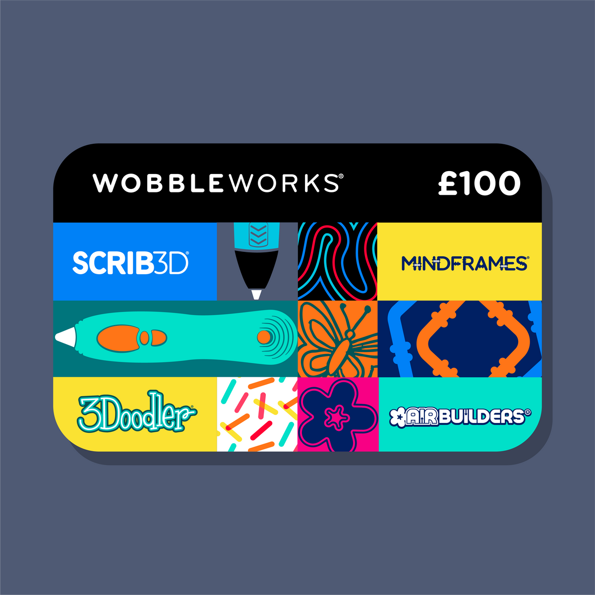A Wobbleworks gift card featuring a colorful grid of icons including Scrib3D, Mindframes, 3Dooler, and AirBuilders on a dark slate blue background.