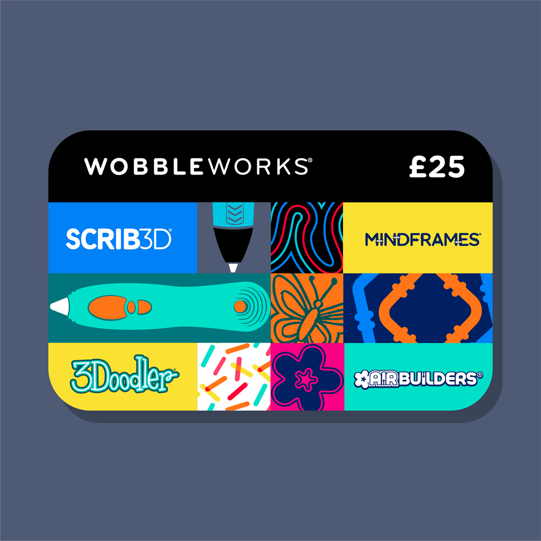 A Wobbleworks gift card featuring a colorful grid of icons including Scrib3D, Mindframes, 3Dooler, and AirBuilders on a dark slate blue background.