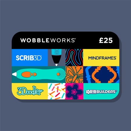 A Wobbleworks gift card featuring a colorful grid of icons including Scrib3D, Mindframes, 3Dooler, and AirBuilders on a dark slate blue background.