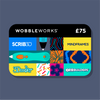 A Wobbleworks gift card featuring a colorful grid of icons including Scrib3D, Mindframes, 3Dooler, and AirBuilders on a dark slate blue background.