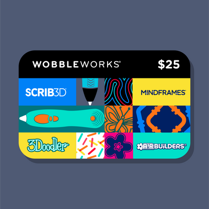 A Wobbleworks gift card featuring a colorful grid of icons including Scrib3D, Mindframes, 3Dooler, and AirBuilders on a dark slate blue background.