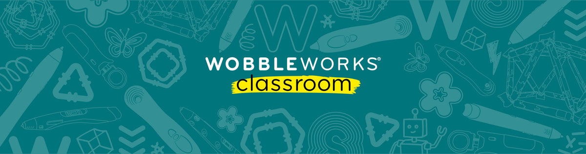 A teal graphic banner with the text 'WOBBLEWORKS classroom' centered, surrounded by faint line drawings of school supplies and educational icons.